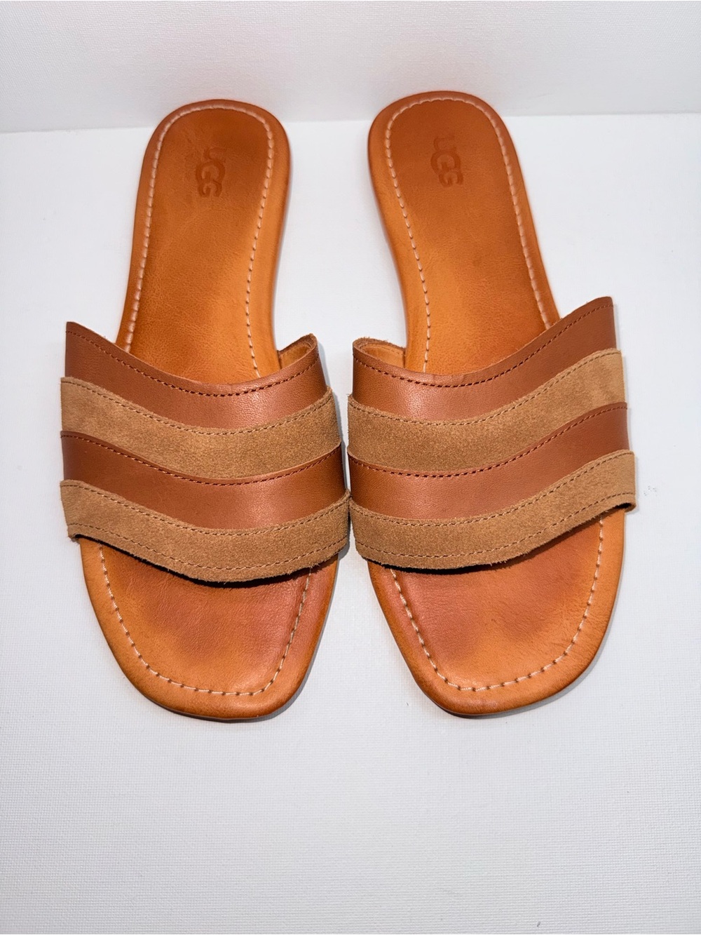 UGG XIMENA Brown & Tan Leather Slide Sandals